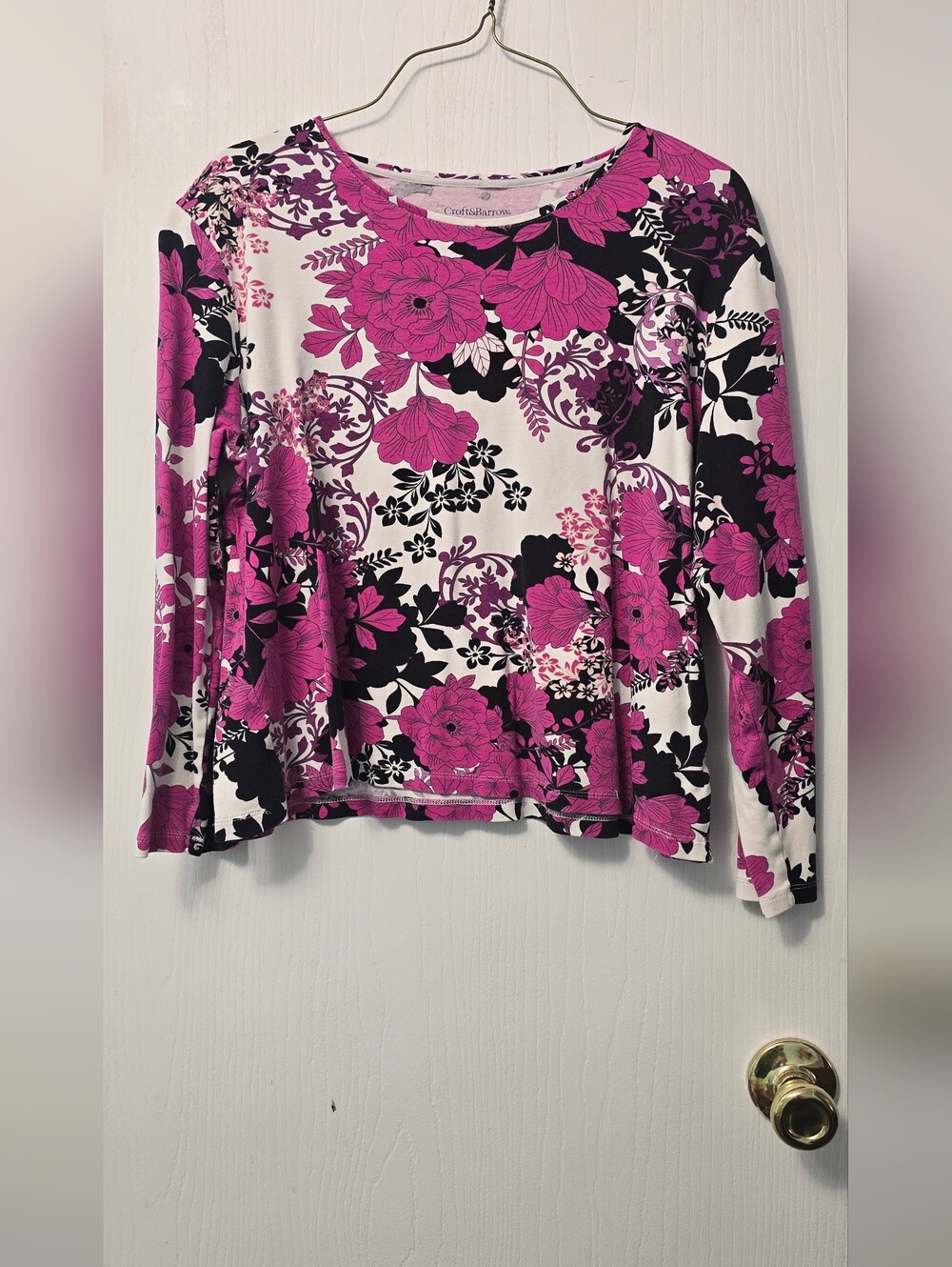 Craft & Barrow Petite XL PXL Pink Black Floral Long Sleeve Stretch Top